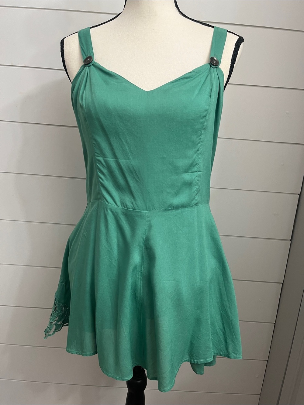 Free People Teal Green Sleeveless Mini Romper with Button Straps
